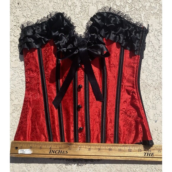 NWT BEDROOM STORIES Over-bust Corset Lace Up Boned Ruffles Womens S Red Black - Picture 6 of 13
